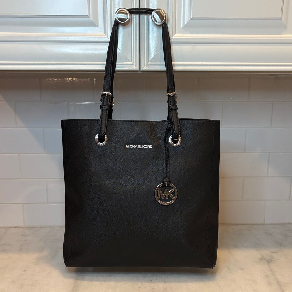 Michael Kors Black Leather Tote with Silver Hardware